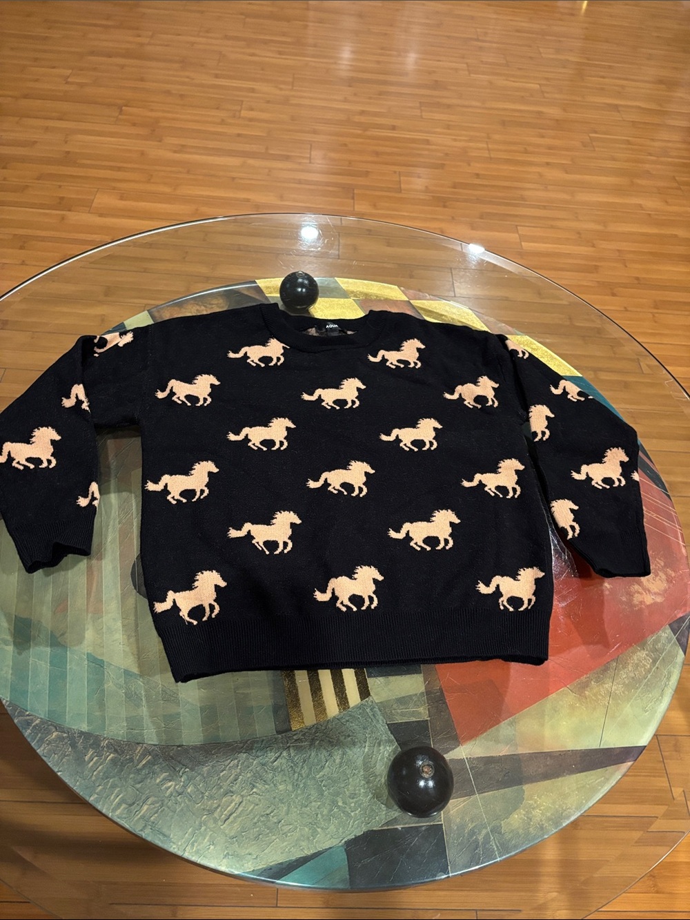 Black Sweater with beige Horse Motif -  Crewneck